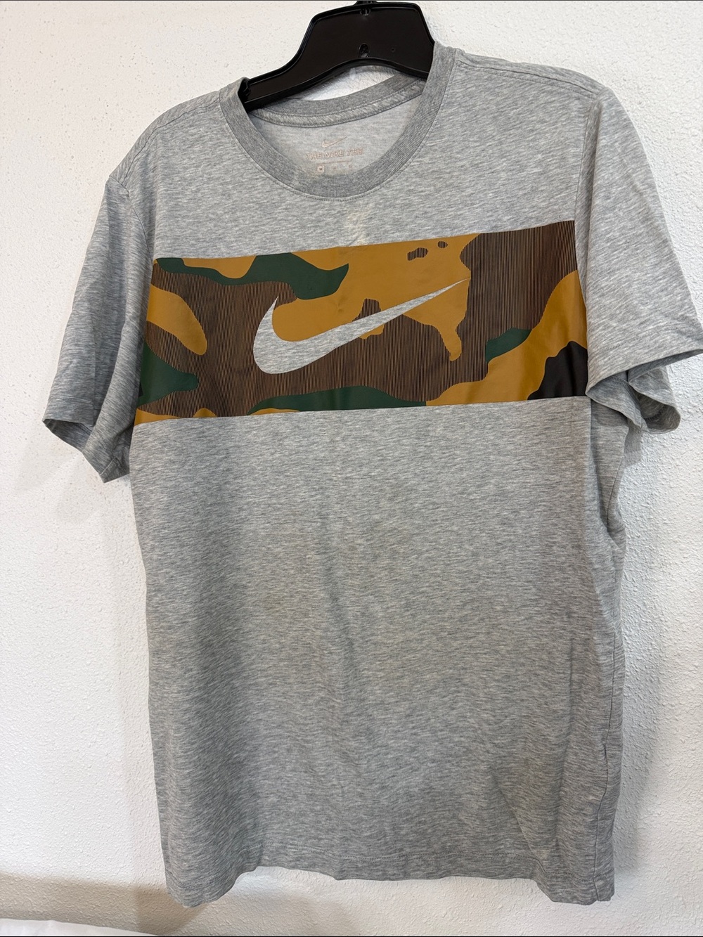 Nike Gray Short-Sleeve Tee with Camo Panel and Swoosh